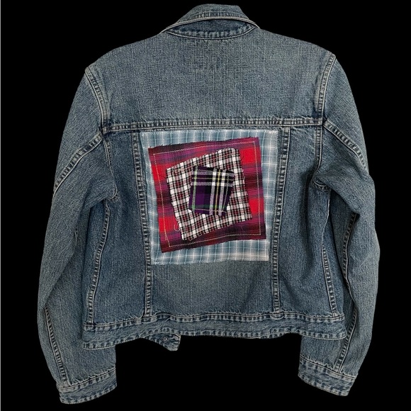 Handmade Jackets & Blazers - Erika Kelly Apparel UPcycled Denim Jacket Plaid Patchwork Sun & Moon vintage Y2K